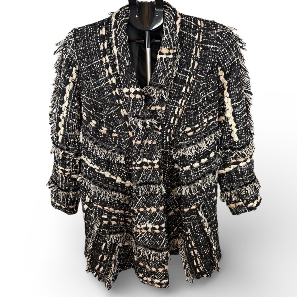 Indikka Womens Small Black White Fringed Beaded Tweed Jacket Textured Open Front